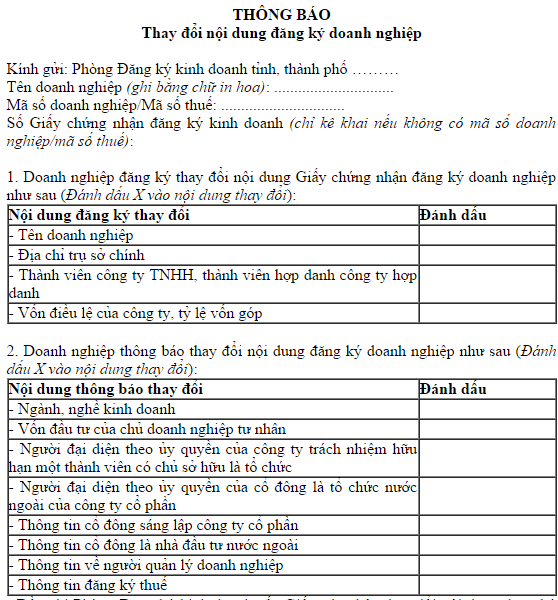 Mẫu thông báo thay đổi nội dung đăng ký kinh doanh